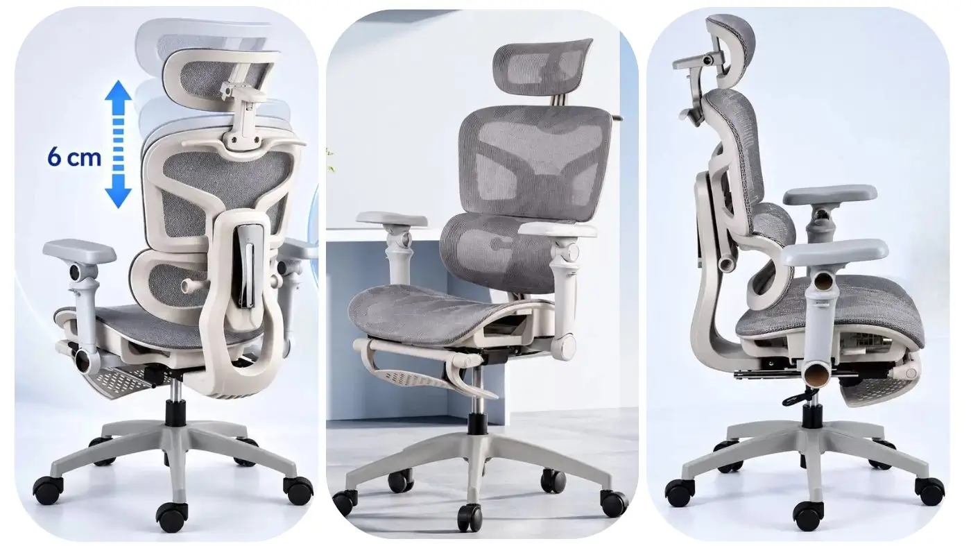 Scaun ergonomic SYYT 9524 gri cu spătar mesh, brațe reglabile 7D și suport pentru picioare